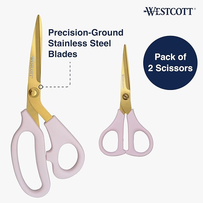 Westcott 2-Pack All-Purpose 8-Inch Kitchen Shears and 5-Inch Snip, Pink with Gold Blades - Precision Blades for Cutting, Kitchen Scissors Essential for Everyday Tasks
