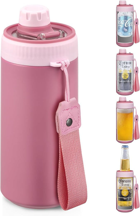 MAXSO Sealed Can Cooler Fizz Lid Can Cover for 12 oz Regular, Slim Skinny Cans & As Thermal Bottle, 4-in-1 Insulated Vacuum Stainless Steel Carbonated Cold Drink Holder - Rose Pink