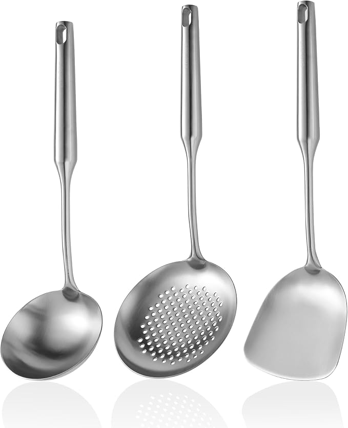 Wok Utensils for Carbon Steel, Stainless Steel Wok Spatula, Wok Tools Professional Set, 3-Pieces Food-Grade 304 Stainless Steel Cooking Utensils All Metal, Dishwasher Safe
