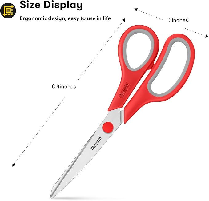iBayam 8.5" Household Scissors All Purpose 3 Pack, Red Black Blue Scissors | Ultra Sharp 2.5mm Thick Blade Shears Comfort-Grip for Office Desk Sewing Fabric Home Craft School Supplies, Right/Left Handed