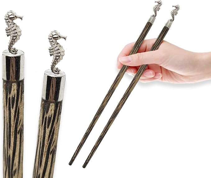 Wooden Chopsticks 9⅞" Coconut Palm Wood Chopstick With Metal Seahorse Top Eating Utensils Oriental Cutlery Asian Tableware Decorative Dinnerware to Serve Chinese Japanese Korean Food