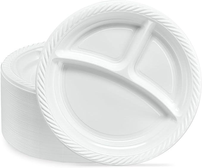 PLASTICPRO 9 inch Round Plastic Plates 3 Compartment - 3 Section Plates Microwaveable, Disposable, White, Dinnerware 200 Count