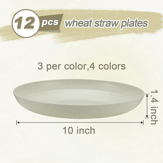12 Pcs Unbreakable Deep Dinner Plates Set, 10 inch Reusable Plastic Wheat Straw Plates, Microwave and Dishwasher Safe Plate for Kitchen, Lightweight Plate for Dessert, BPA Free, 4 Colors