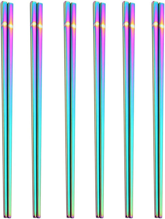 Stainless Steel Chopsticks,Reusable ,Dishwasher Safe , Easy to Use（6 PCS,Rainbow）