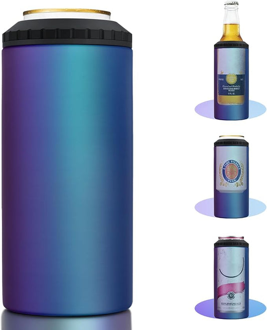 3 in 1 Slim Can Cooler for 12 OZ Skinny Can, Regular Can & Beer Bottle - Keep Cold for 6 Hours - Double Walled Insulated Stainless Steel Vacuum Beverage Insulator (Aurora)