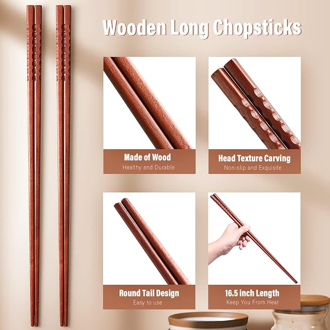 Long Cooking Chopsticks,16.5 Inches Brown Extra Long Wooden Chopsticks Kitchen Frying Chopstick Reusable for Noodles Hotpot, 2 Pairs