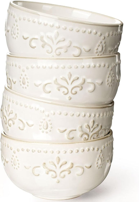 Artena Small Bowls Set of 4, 12 oz Ceramic Embossment Dessert Bowls, white Bowl for Kitchen, Ice Cream, Side Dishes, Rice, Cereal, Fruit, 4.5 Inch, Microwave & Dishwasher Safe, Damask Floral