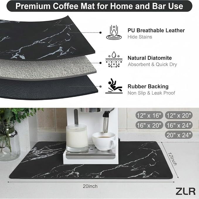 ZLR Coffee Bar Mat for Espresso Machine, 12"x20" Medium, Marble White | Absorbent Dish Drying Mat, Stain-Hiding PU Top, Non-Slip Back, Fits Grinder, Knock Box, Tamper & Milk Frother