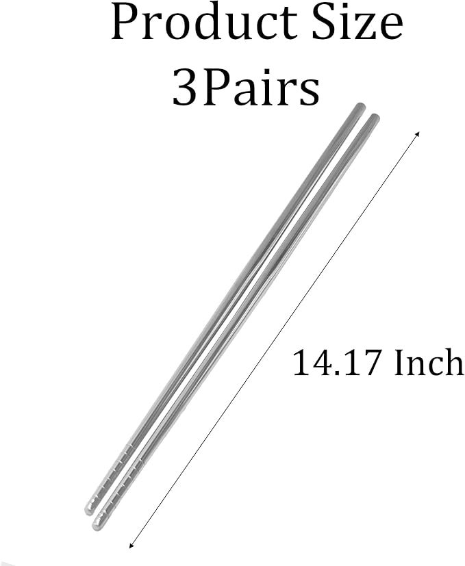 3 Pairs Extra Long 14.17 Inch Stainless Steel Cooking Chopsticks, Reusable Metal Chopsticks with Non-Slip Threaded Design for Hot Pot, Frying, Noodle, Barbecue, Dishwasher Safe, Silver