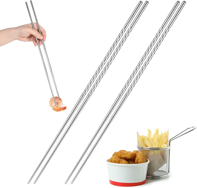 2 Pairs Stainless Steel Chopsticks with Non Slip Threaded, 15.3 Inch Extra Long Cooking Chopsticks Reusable for Hot Pot, Noodle, Cooking, Frying (Silver)