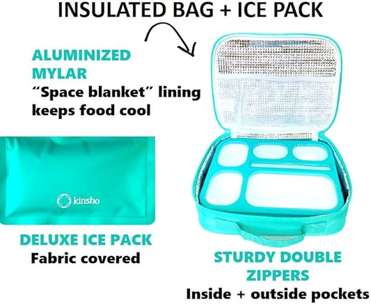 Bento Box Lunch-Box with Bag and Ice Pack, Insulated Lunch Bag and Snack Container Set for Kids Boys Girls Adults. 6 Compartments, Divided Portion Containers, Boxes for School Lunches, Teal