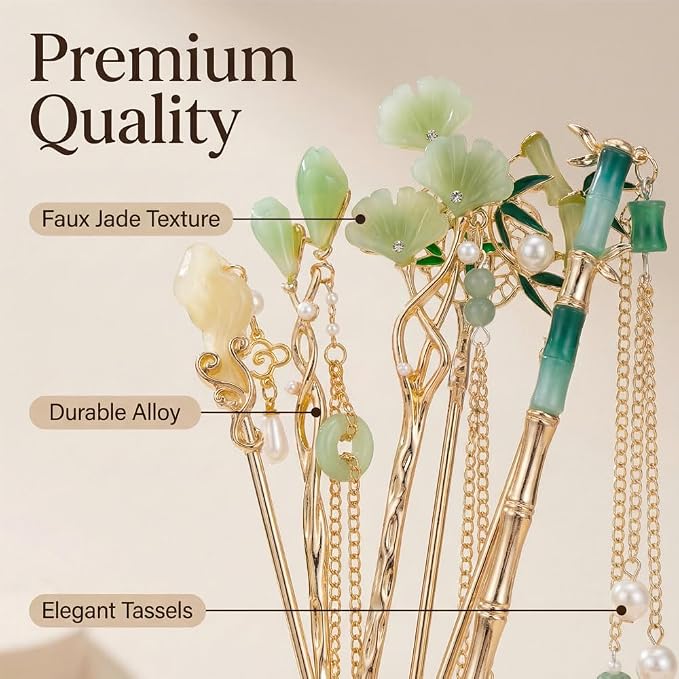 6PCS Chinese Hair Sticks Set, Gold White Japanese Hair Stick with Pearl Flower Bamboo Leaves Design Metal Hair Chopsticks Hair Bun Updo Holders Long Thick Hair Accessories for Women