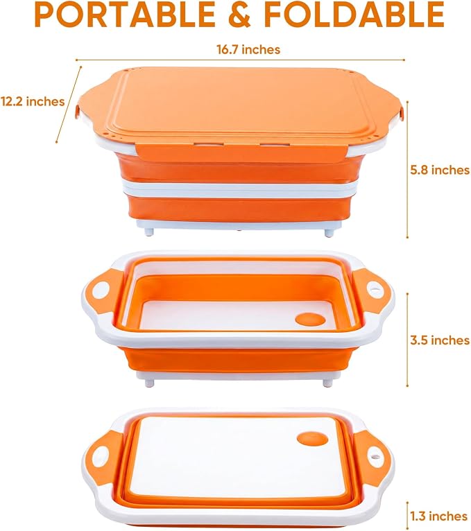 Collapsible BBQ Prep Tub with Lid, Foldable Camping Sink with Colander, Cutting Board, Dish Basin for Kitchen, Bowl, Vegetable and Fruit, Storage Basket for Picnic-Orange