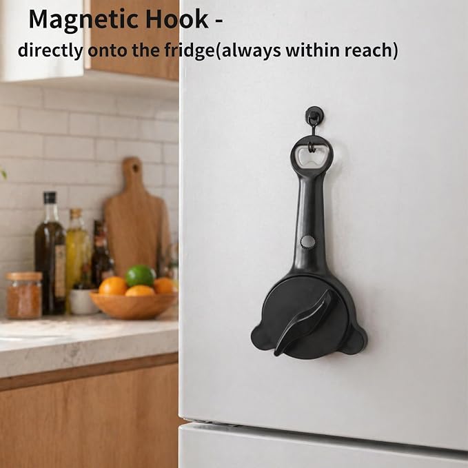 4-in-1 Jar Opener for Weak Hands, Seniors with Arthritis (Black) | Multi-Purpose Lid Opener Includes Magnetic Hook & Rubber Gripper for Jars, Bottles and Beer Caps Simple Twist-off Operation