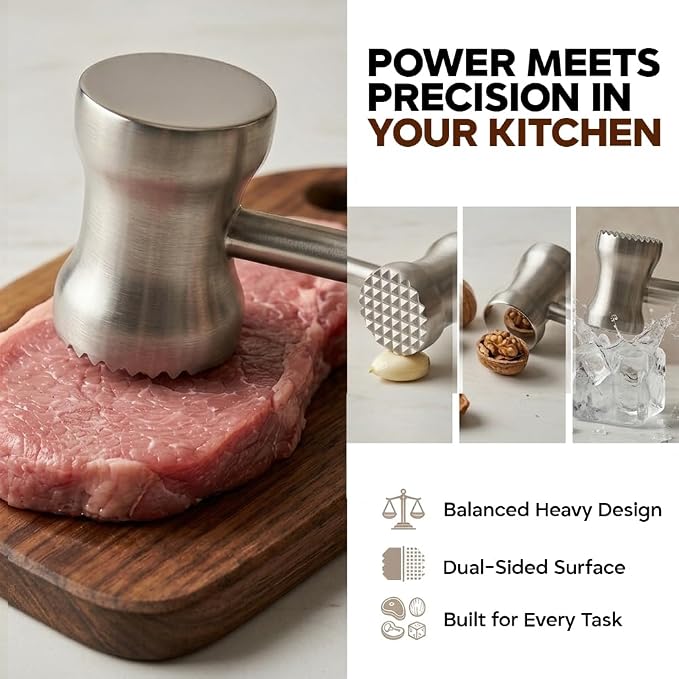 304 Stainless Steel Tenderizer Mallet Dual-Sided Hammer, Heavy Duty Pounder Tool for Steak, Beef & Chicken Cutlets, Textured Grip Kitchen Mallet, Dishwasher Safe Beater for Cooking