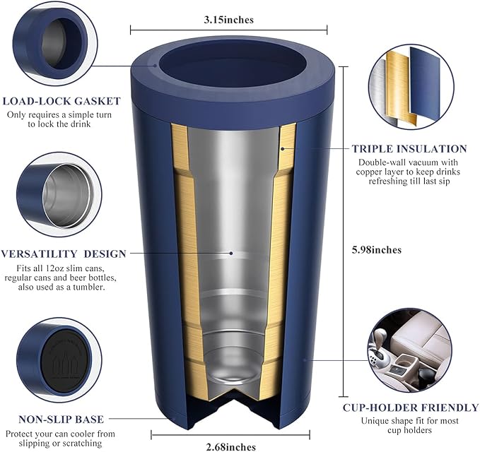Pealeap 4-in-1 Insulated Slim Can Cooler for All 12oz Cans & Beer Bottles | Double-walled Stainless Steel Vacuum Can Cozy | Keep 8Hrs Cold | Universal Fits 12oz Drinks | No Sweat | Cup Holder Friendly