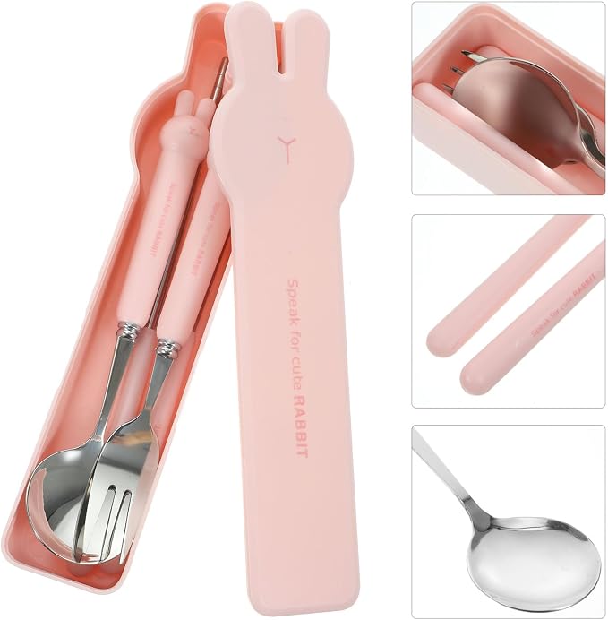 4 PCS Travel Utensils with Case, Portable Stainless Steel Reusable Cutlery Set for Lunch Box, Includes Spoon Fork Chopsticks, Small Pink Cartoon Flatware for Students, Kids School, Office, H