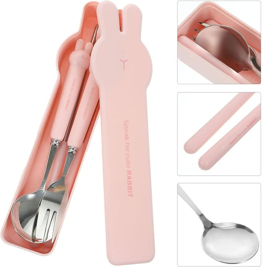 4 PCS Travel Utensils with Case, Portable Stainless Steel Reusable Cutlery Set for Lunch Box, Includes Spoon Fork Chopsticks, Small Pink Cartoon Flatware for Students, Kids School, Office, H