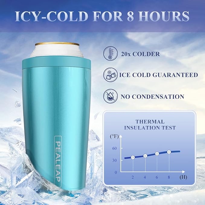 Pealeap 4-in-1 Insulated Slim Can Cooler for All 12oz Cans & Beer Bottles | Double-walled Stainless Steel Vacuum Can Cozy | Keep 8Hrs Cold | Universal Fits 12oz Drinks | No Sweat | Cup Holder Friendly