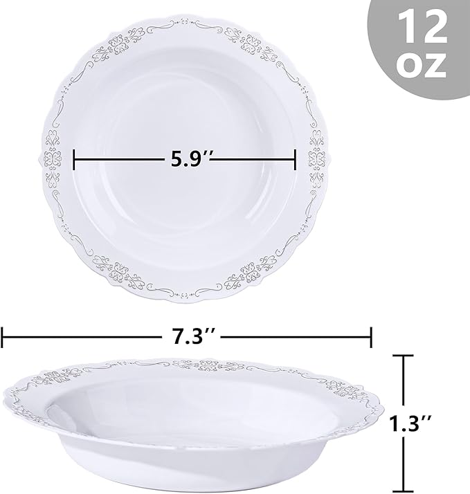 DaYammi 100 Pack Plastic Bowls with Silver Rim, 12oz Disposable Soup Bowls, Heavy Duty Dinner Bowls for Weddings, Parties, Dinners, Catering and Everyday Use
