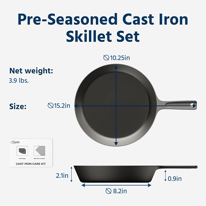 COOKLIFE 10 Inch Lightweight Pre-Seasoned Cast Iron Skillets with Stainless Steel Lid - Smooth Polished Surface, Easy to Clean Cast Iron Pan Use in the Oven, on the Stove or Grill