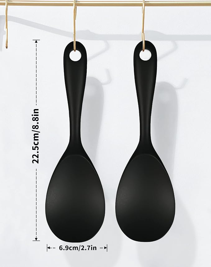 2 Pcs Silicone Rice Paddle,Non Stick Rice Spoon Scooper Spatula,Heat Resistant Rice Cooker Spoon(Black)