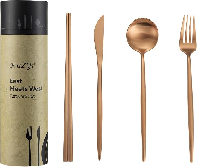 Matte Copper Flatwqare Set Korean Chopsticks - 16-piece KiiZYs Kitchen Utensil Set Stainless Steel Silverware - Modern Dinnerware Spoon Fork Knife Cutlery Housewarming Gift Box (Matte Copper, 4 Sets)