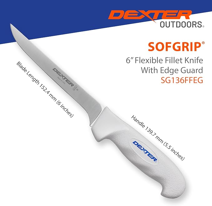 Dexter Outdoors SOFGRIP 6" Fillet Knife with Edge Guard, Stainless | High-carbon American stainless blade sized for panfish. Corrosion resistant with soft non-slip grip, edge guard included.