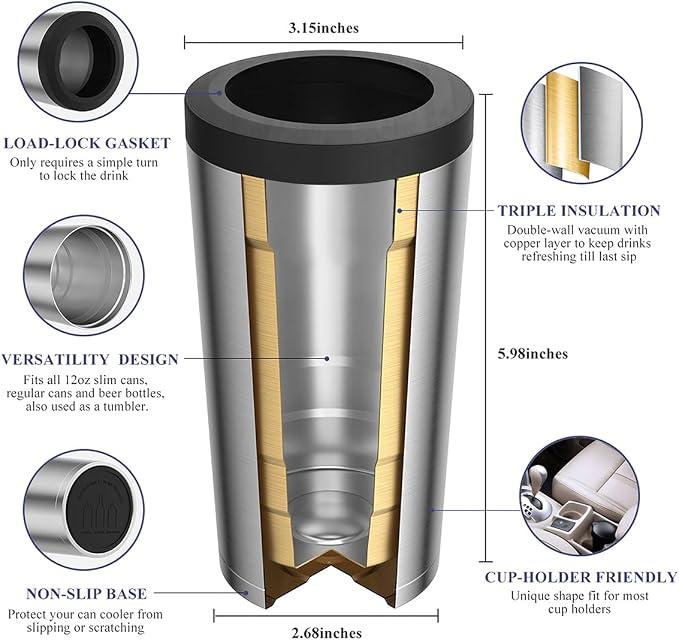 Pealeap 4-in-1 Insulated Slim Can Cooler for All 12oz Cans & Beer Bottles | Double-walled Stainless Steel Vacuum Can Cozy | Keep 8Hrs Cold | Universal Fits 12oz Drinks | No Sweat | Cup Holder Friendly