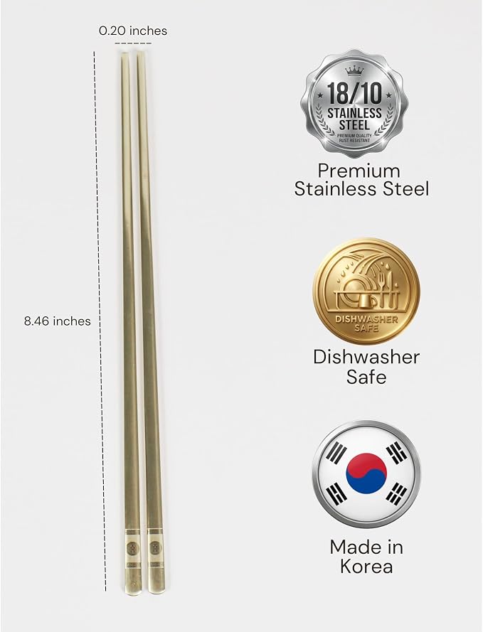ONGI Korean Spoon and Chopstick 1 Set – Premium 18/10 Titanium Gold – Double Happiness Design – Gift-Ready – Made in Korea – Dishwasher Safe (Hee Pattern Gold 1 Set)