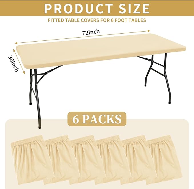 6 Pack Stretch Fabric Table Top Cap Cover, fits 6' Tables, Spandex Table Covers Washable Elastic Rectangle Tablecloth Protector for Indoor Outdoor Party Picnic Wedding, Beige, 30" W x 72" L