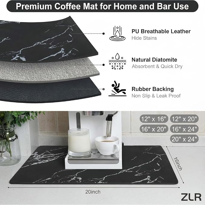ZLR Coffee Bar Mat for Coffee Station, 16"x20" Large, Marble Black | Absorbent Dish Drying Mat, Stain-Hiding Top, Non-Slip Back, Fits Espresso, Grinder, Knock Box, Frother & Cup Display