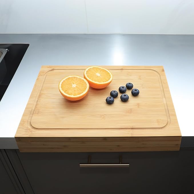 BAMOTTO CRAFTBAMBOO Bamboo Cutting Board for Kitchen 17.7"x12.6" Over-Sink | Detachable Front Lip | Reversible Dual Juice Grooves | Large Chopping Board for Bread Meat Vegetables