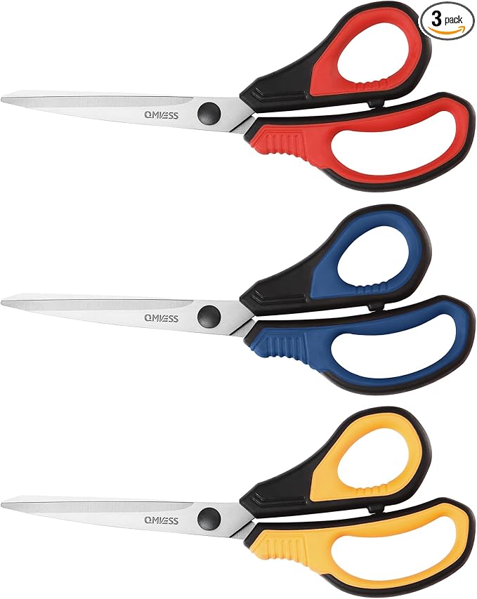 QMVESS 8.5" Scissors All Purpose 3 Pack Heavy Duty for Office School Fabric | Ultra Sharp 2.5mm Thick Stainless Blade, Ergonomic Comfort Grip, Left & Right Handed Classroom Must-Have Cutting General Use