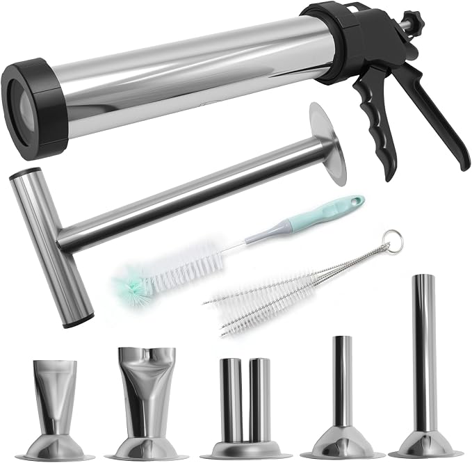 Hoypeyfiy Stainless Steel Jerky Gun Sausage Maker Sausage Stuffer Handmade Beef Jerky Gun with 5 Stainless Nozzles Meat Pusher Cleaning Brushes Kit (2LB)