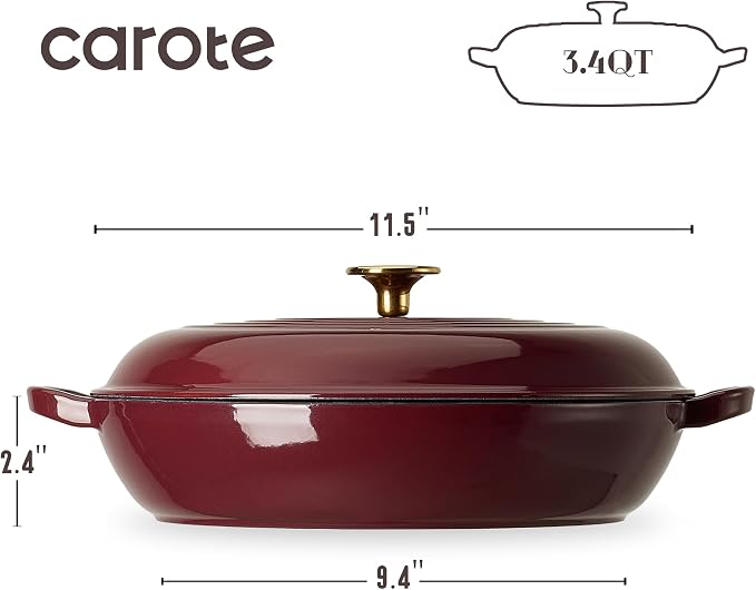 CAROTE 3.4QT Enameled Cast Iron Braiser Pan, Shallow Dutch Oven Casserole Skillets, Non-Toxic Cast Iron Pot with Lid for Grilling, Searing, Baking, Dual Handles, All Stovetop Compatible, Fig