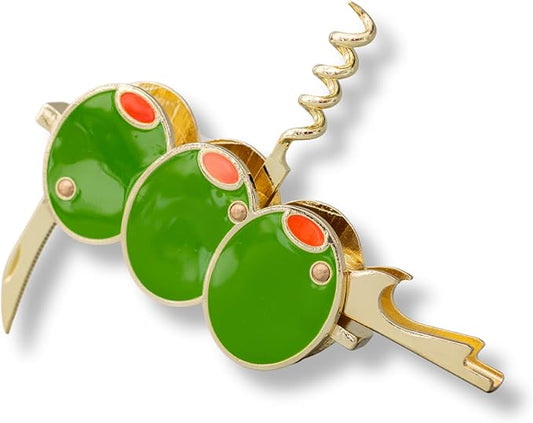 ban.do Novelty Martini Olive Corkscrew and Bottle Opener, Aesthetic Barware and Cocktail Tools (Olives)