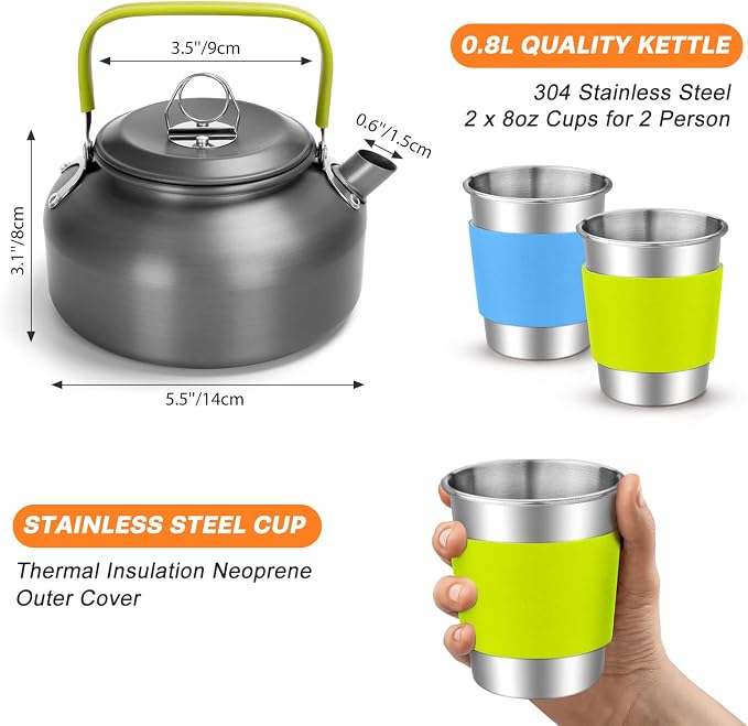 Odoland 16pcs Camping Cookware Mess Kit, with Folding Camping Stove | Anodized Aluminum, for Hiking, Outdoor Cooking and Picnic, 1.9L Pot 0.8L Kettle 0.86L Pan 3000W Stove, Little Compact Pot Set