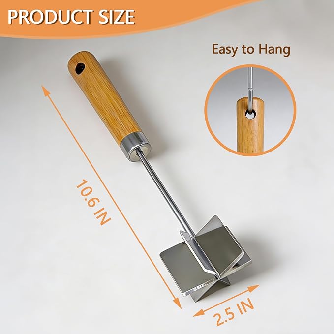 Stainless Steel Meat Chopper & Masher, 10.6 Inch Ground Beef Chopper Tool with 6 Curve Blades & Wooden Handle, Heat Resistant Meat Masher, Heavy-Duty Hamburger Smasher & Multi-Use Kitchen Tool