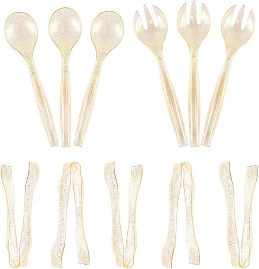 Supernal 72 pcs Plastic Serving Utensils, Gold Plastic Silverware, 24 Serving Spoons 10",24 Serving Forks 10",24 Tongs 6.3", Perfect for Birthday,Party,Wedding