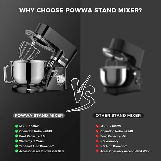 Stand Mixer, POWWA 6.5 Quart Electric Mixer, 6+1 Speed 660W Tilt-Head Kitchen Food Mixers with Whisk, Dough Hook, Mixing Beater & Splash Guard for Baking, Cake, Cookie, Kneading, ETL Certified (Black)