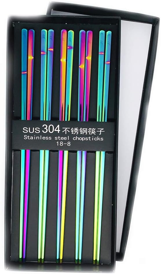 Koolemon 5pairs Polished Multicolor Rainbow 304 Stainless Steel Chopsticks Set,Metal Chopsticks Reusable, Dishwasher Safe, Traditional Chopstick,9.3inch,Chinese Japanese Chop stick