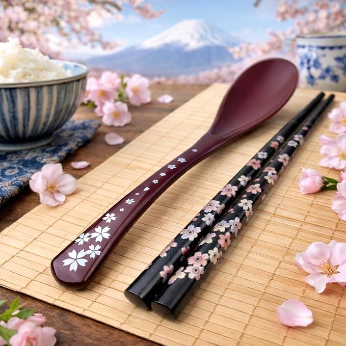 Premium Japanese Chopsticks with Spoon Reusable [ Made in Japan ] Traditional Lacquer Art Wooden Chopsticks (Flower PU(MK003))