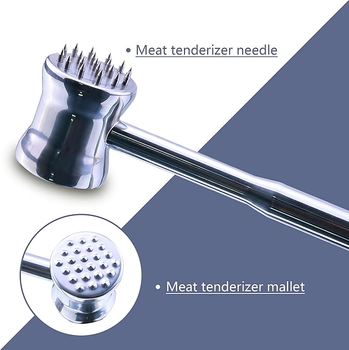 Dual-Sided 2-in-1 Stainless Steel Meat Tenderizer Tool, Meat Mallet Hammer with Meat Tenderizer Needles, Professional Kitchen Tool for Tenderizing Steak, Chicken and Beef, Easy-Grip Easy to Clean