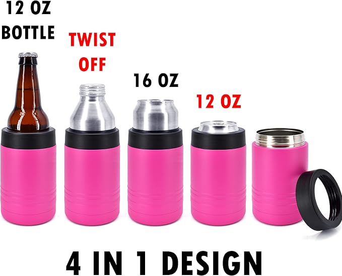 4-in-1 Stainless Steel 12 oz Double Wall Vacuum Insulated Can or Bottle Cooler Keeps Beverage Cold for Hours - Also Fits 16 oz Cans - Powder Coated Pink - Clear Water Home Goods