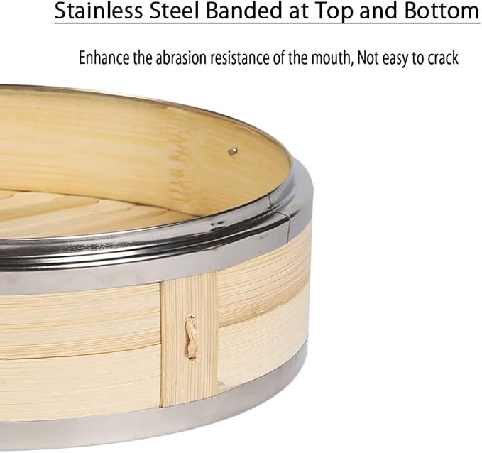 Hcooker. Bamboo Steamer Basket 9.4-Inch 3-Tier Dumpling Steamer for Cooking | Stainless Steel Reinforced Rim | Sauce Dish, 2 Chopsticks, 3 Cotton Liners | Steam for Asian Food Dim Sum Bun Rice Vegetables