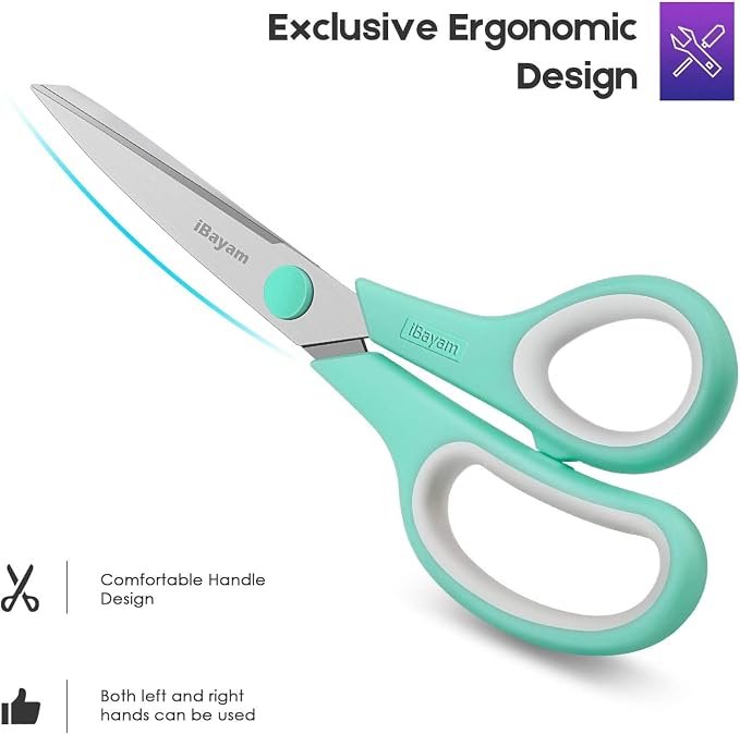iBayam 24-Pack 8" Heavy Duty Scissors in Bulk, Ultra-Sharp, Comfort Grip | 2.5mm Ultra-Sharp Stainless Steel Blades, 100,000+ Cuts, Comfort-Grip Handles, Ambidextrous, Multipurpose — 24-Pack, 3 Colors