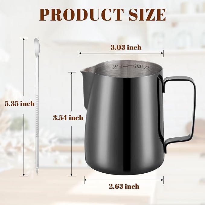 Amrules Milk Frothing Pitcher, 12 oz Milk Frother Cup with Clear Scale, 304 Stainless Steel Cappuccino Espresso Machine Accessories for Barista Coffee Bar with Latte Art Pen, Bright Black