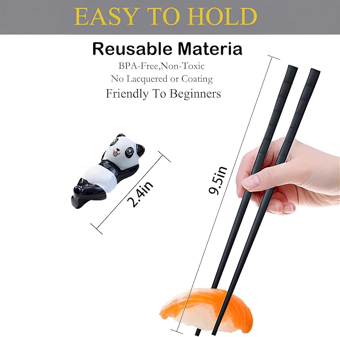 Panda Chopsticks With Rest Gift Set, 2PC Black | Dishwasher Safe, Reusable Fiber Glass Chopsticks, Porcelain Cute Panda Chopstick Holder, Non-slip, Chinese Japanese Style