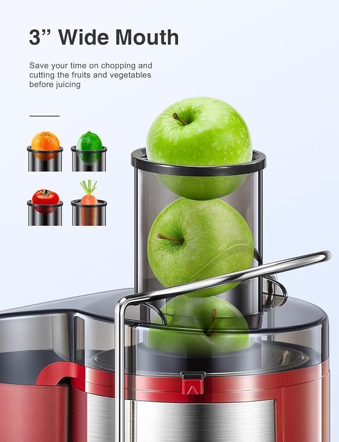QCen Juicer Machine 500W Centrifugal Juicer with Extra Wide Feed Chute | For Fruits And Vegetables, Stainless Steel, BPA-Free Parts, Easy To Clean, Red, Compact Countertop Juicer